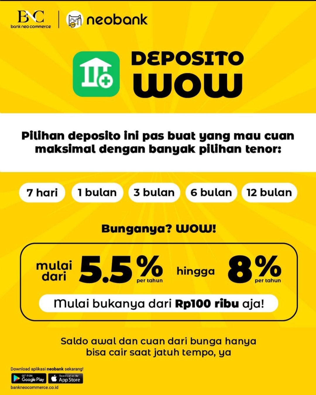 Bank Neo Commerce Tawarkan Investasi Deposito WOW dengan  Bunga Kompetitif hingga 7,5 Persen
