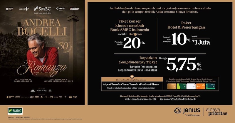   Bank SMBC Beri Diskon hingga 20% dan Hospitality Package bagi Nasabah di General Sale Konser Andrea Bocelli