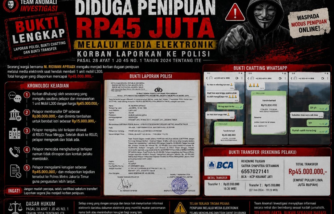 Warga Kramat Jati Laporkan Dugaan Penipuan Media Elektronik ke Polisi